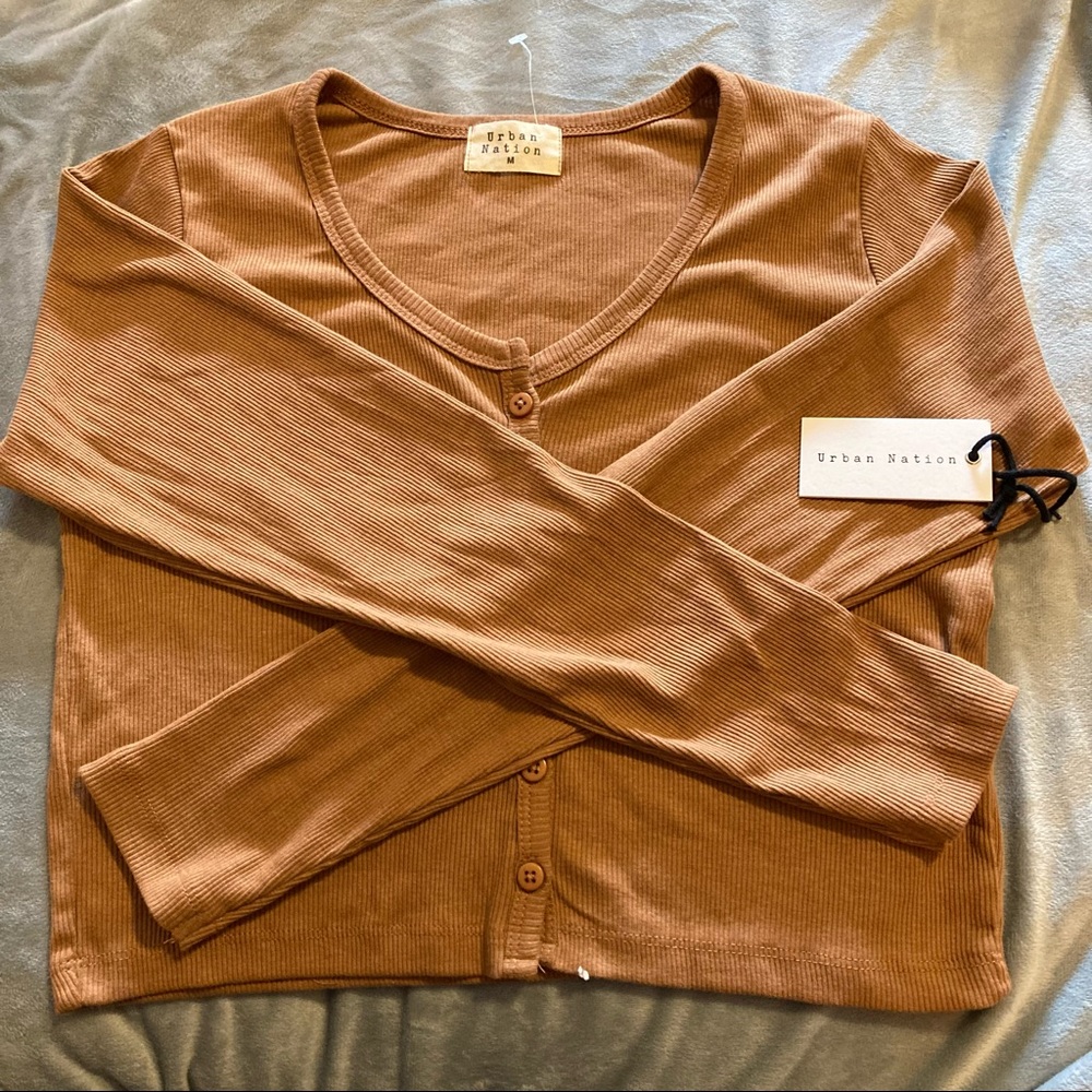 Urban Nation light brown crop long sleeve ribbed knit top